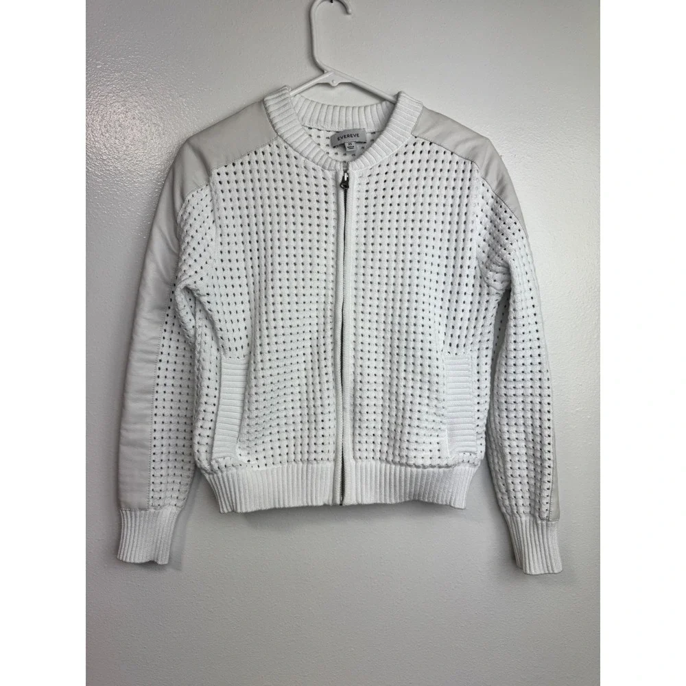 Evereve Harlow White Pointelle Open Knit Bomber Jacket Faux Leather Trim XS